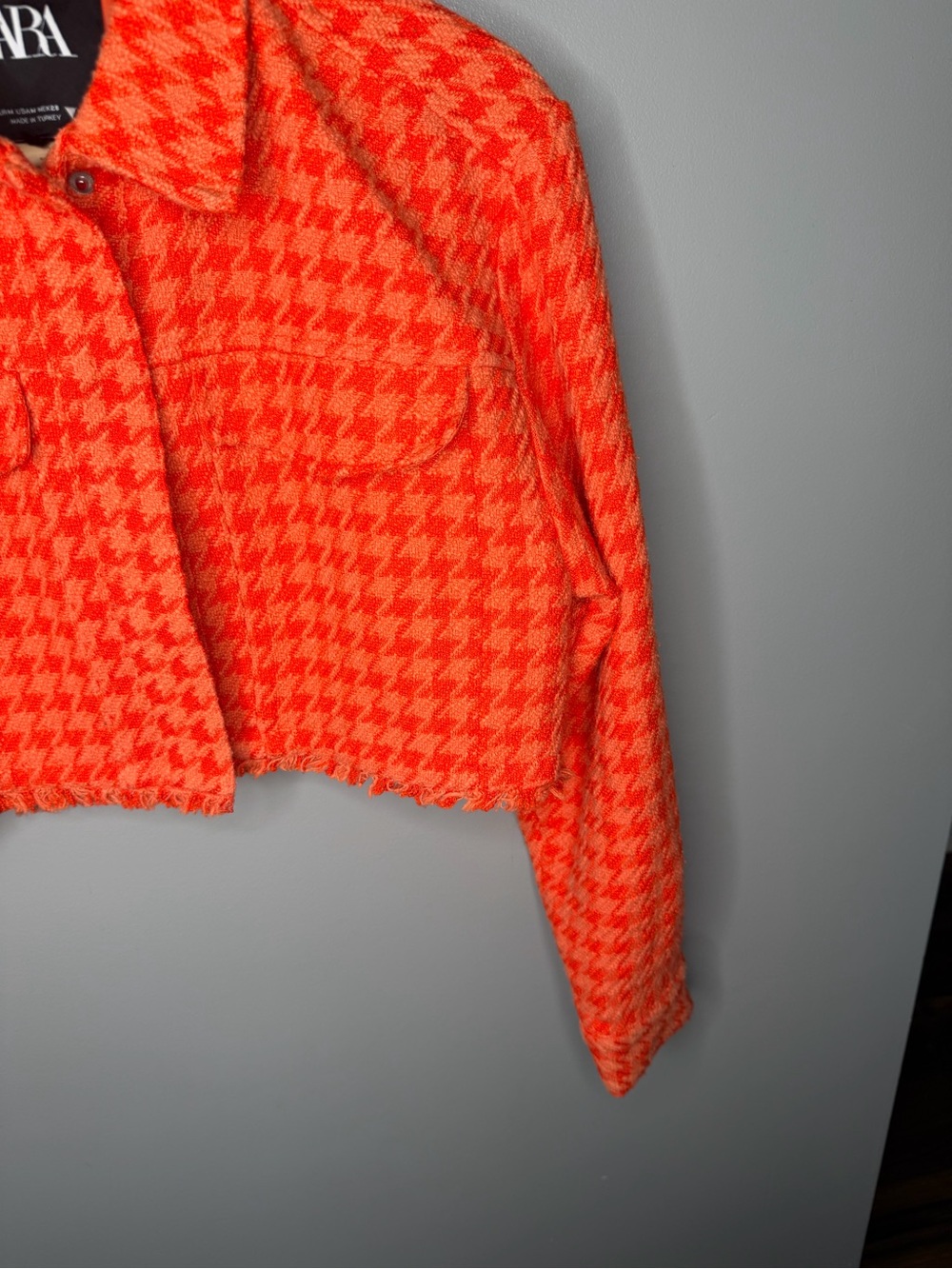 Zara Orange Tweed Cropped Houndstooth Jacket - Picture 6 of 9